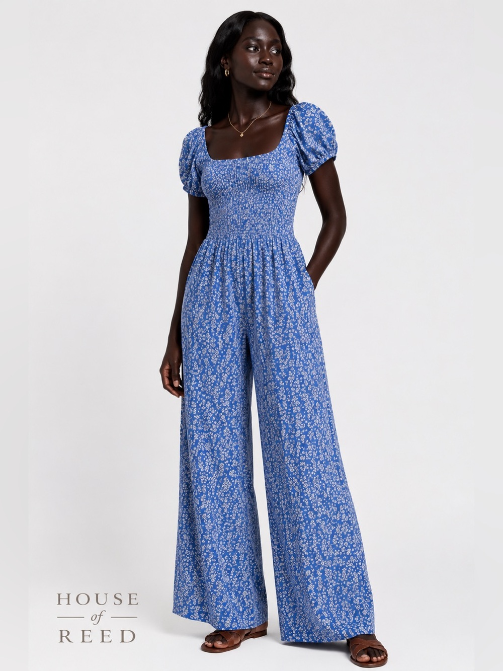 Millibon Blue Floral‎ Smocked Wide Leg Jumpsuit Large Cottagecore Rayon Boho